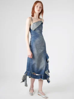 Acne Studios - Delouise Ruffle Strap Denim Dress in Mid Blue