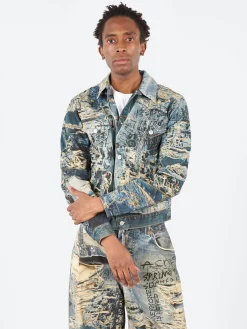 Acne Studios - Rye Tlo Torn Scribble Denim Jacket in Mid Blue