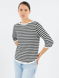BEAMS BOY - 3/4 Sleeve Border Boat Neck in Black and White