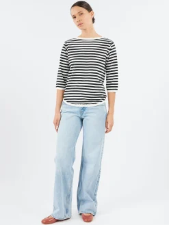 BEAMS BOY - 3/4 Sleeve Border Boat Neck in Black and White