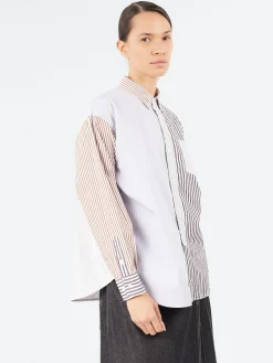 BEAMS BOY - Crazy Stripe Long Sleeve Button Down Shirt in Brown