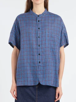 BEAMS BOY - Linen Check Stand Collar Shirt in Blue