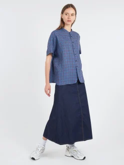 BEAMS BOY - Linen Check Stand Collar Shirt in Blue