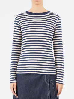 BEAMS BOYS - Long Sleeve Border T-Shirt in Navy and Natural