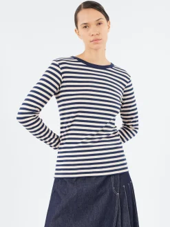 BEAMS BOYS - Long Sleeve Border T-Shirt in Navy and Natural