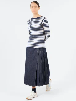 BEAMS BOYS - Long Sleeve Border T-Shirt in Navy and Natural