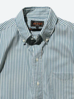 BEAMS PLUS - Classic Fit Wool Stripe Button Down Shirt in Blue