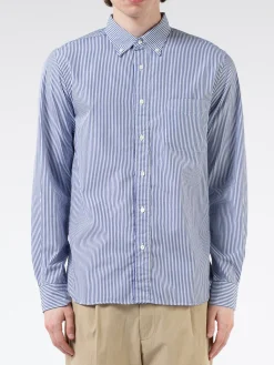 BEAMS PLUS - Cotton Broad London Stripe Button Down Shirt in Navy