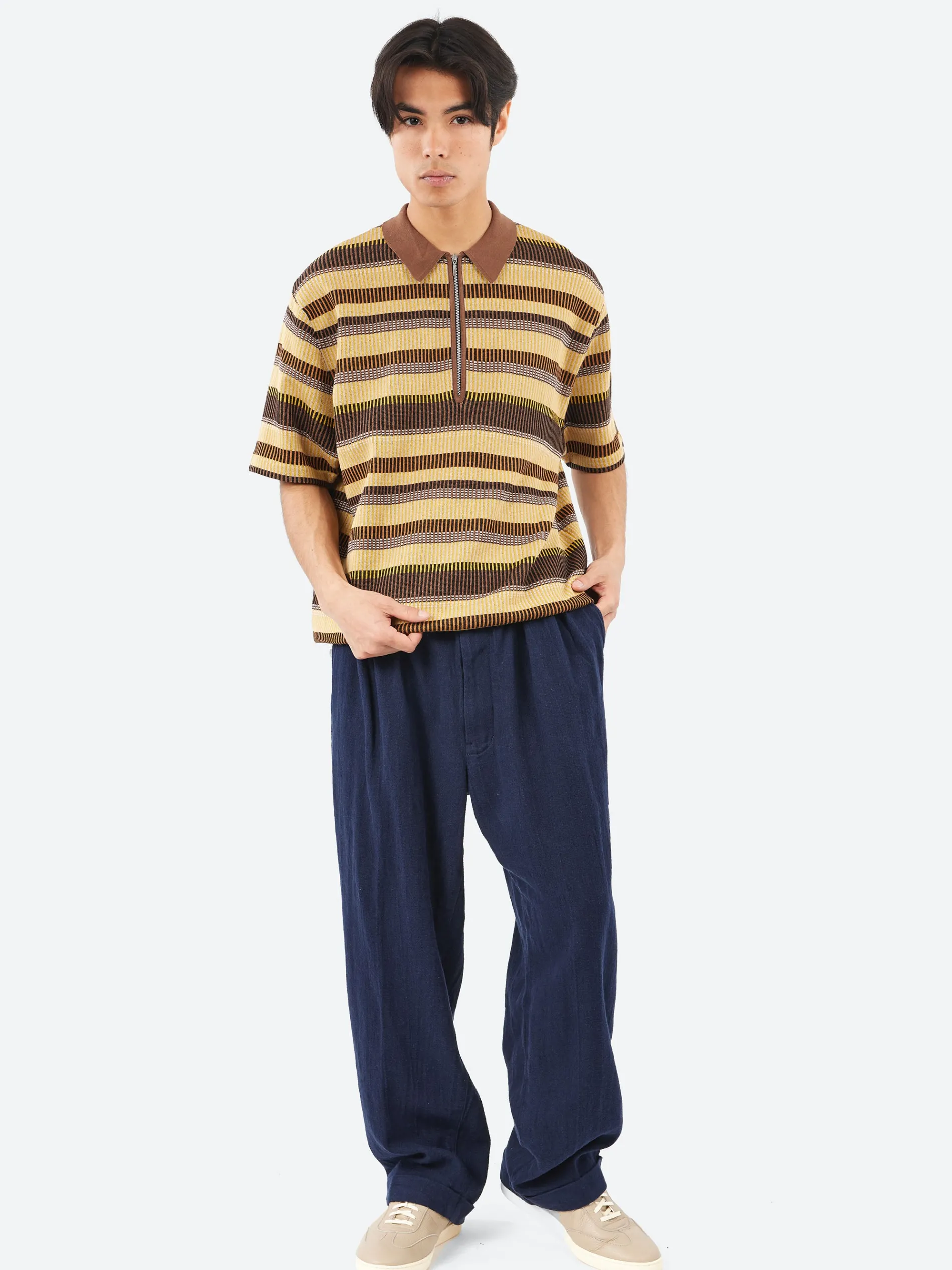 BEAMS PLUS - Half Zip Knit Polo in Brown