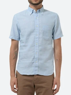 BEAMS PLUS - Linen Coolmax Button Down Short Sleeve Shirt in Sax Blue