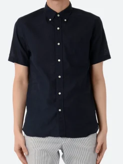 BEAMS PLUS - Linen Coolmax Button-Down Short Sleeve Shirt in Navy
