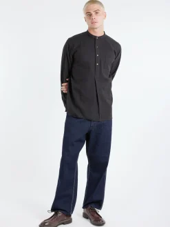 BEAMS PLUS - Linen Cotton Herringbone Band Collar Pullover Shirt in Black