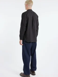 BEAMS PLUS - Linen Cotton Herringbone Band Collar Pullover Shirt in Black