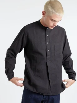 BEAMS PLUS - Linen Cotton Herringbone Band Collar Pullover Shirt in Black