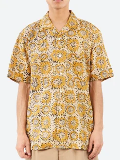 BEAMS PLUS - Open Collar Sunflower Block Print Shirt in Yellow