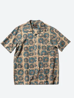 BEAMS PLUS - Open Collar Sunflower Block Print Shirt in Blue