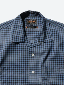 BEAMS PLUS - Plaid Open Collar Short Sleeve Shirt in Blue