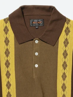 BEAMS PLUS - Stripe Argyle Knit Polo in Brown