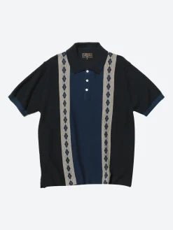 BEAMS PLUS - Stripe Argyle Knit Polo in Navy