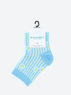 Bleuforêt - Short Lisle Yarn Daisy Striped Socks in Quartz