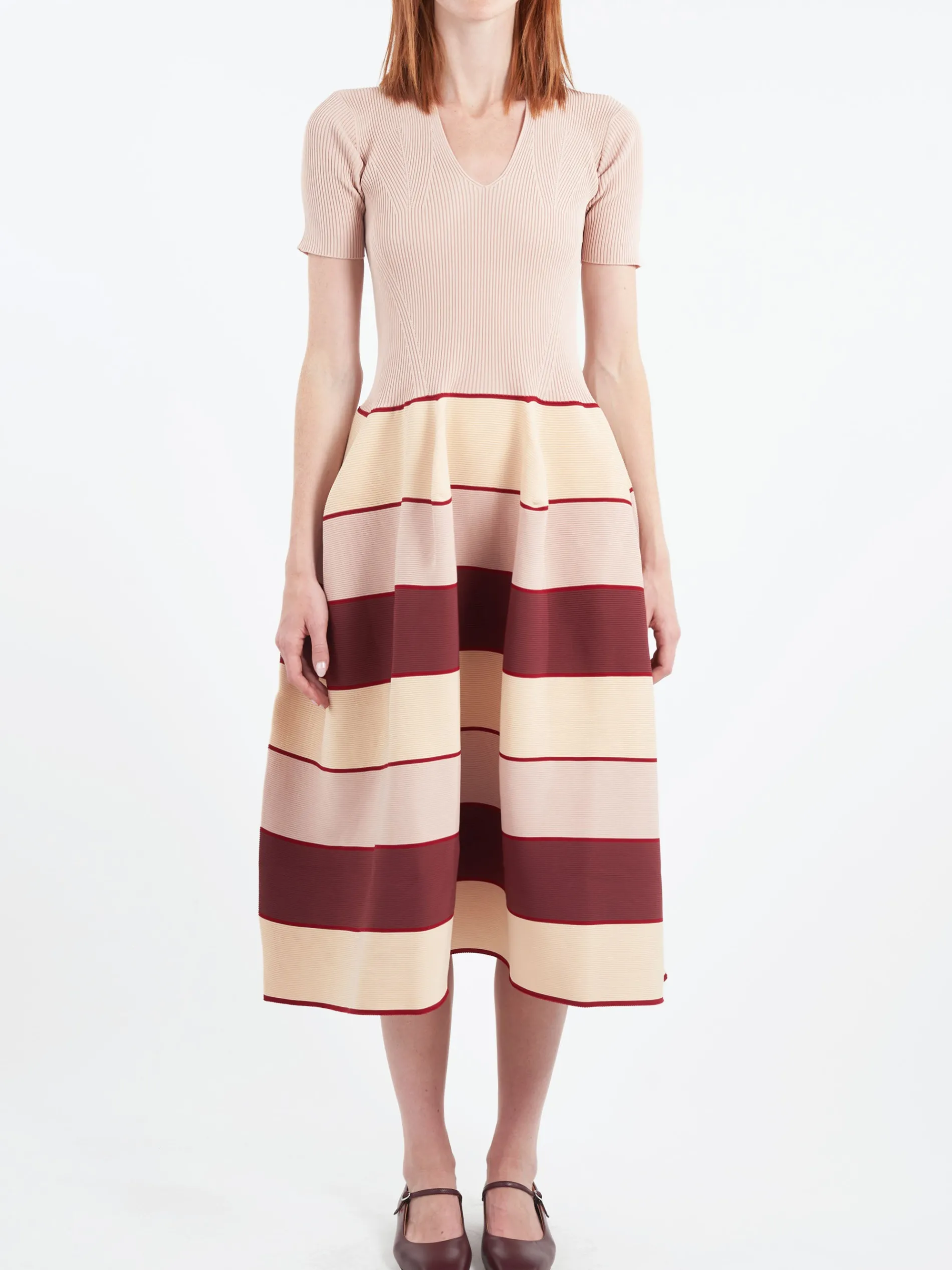 CFCL - Pottery Stand-Up Collar Short Sleeve Dress in Pink, Beige and Multi