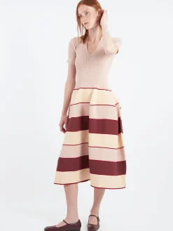 CFCL - Pottery Stand-Up Collar Short Sleeve Dress in Pink, Beige and Multi