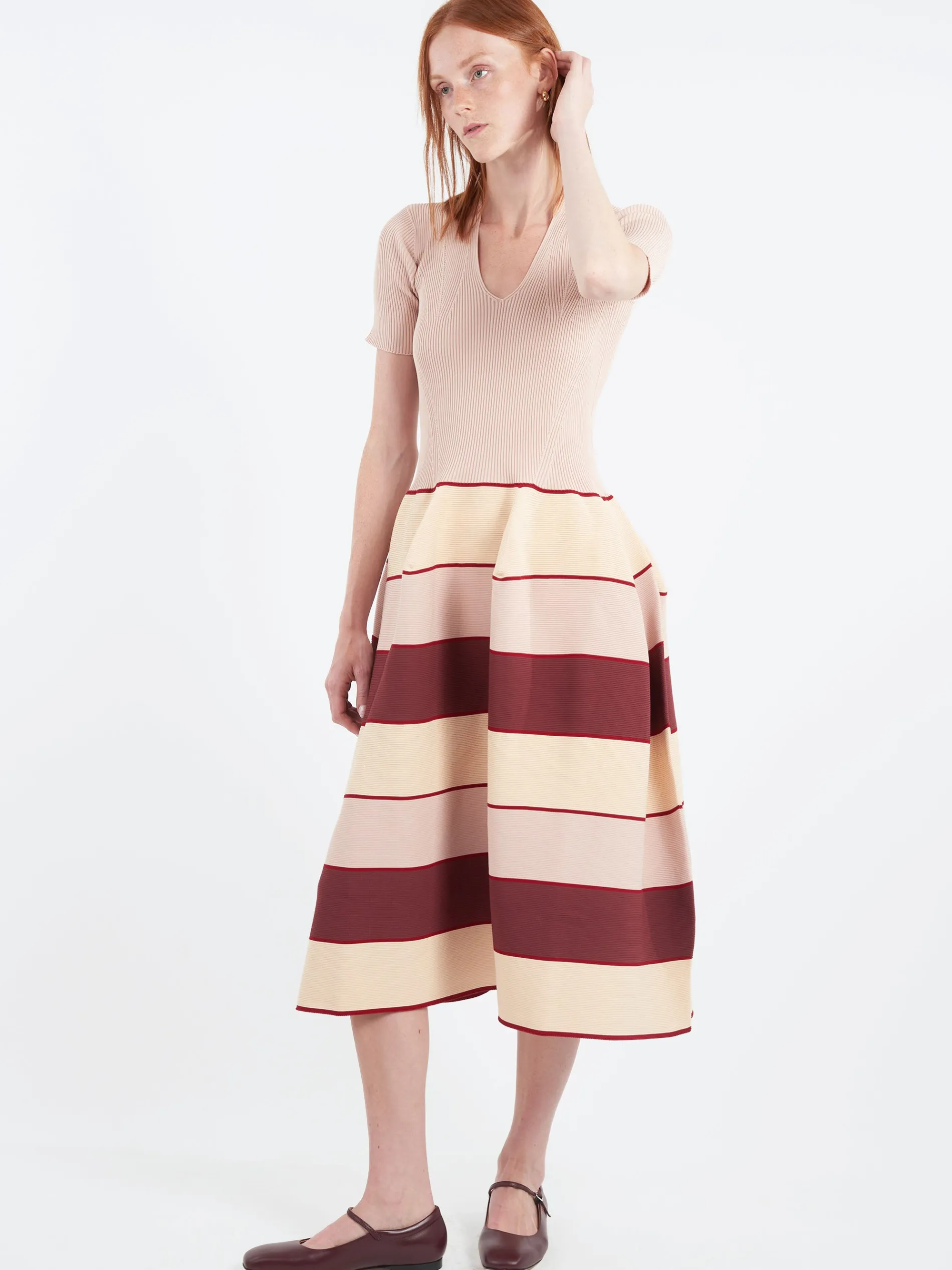 CFCL - Pottery Stand-Up Collar Short Sleeve Dress in Pink, Beige and Multi