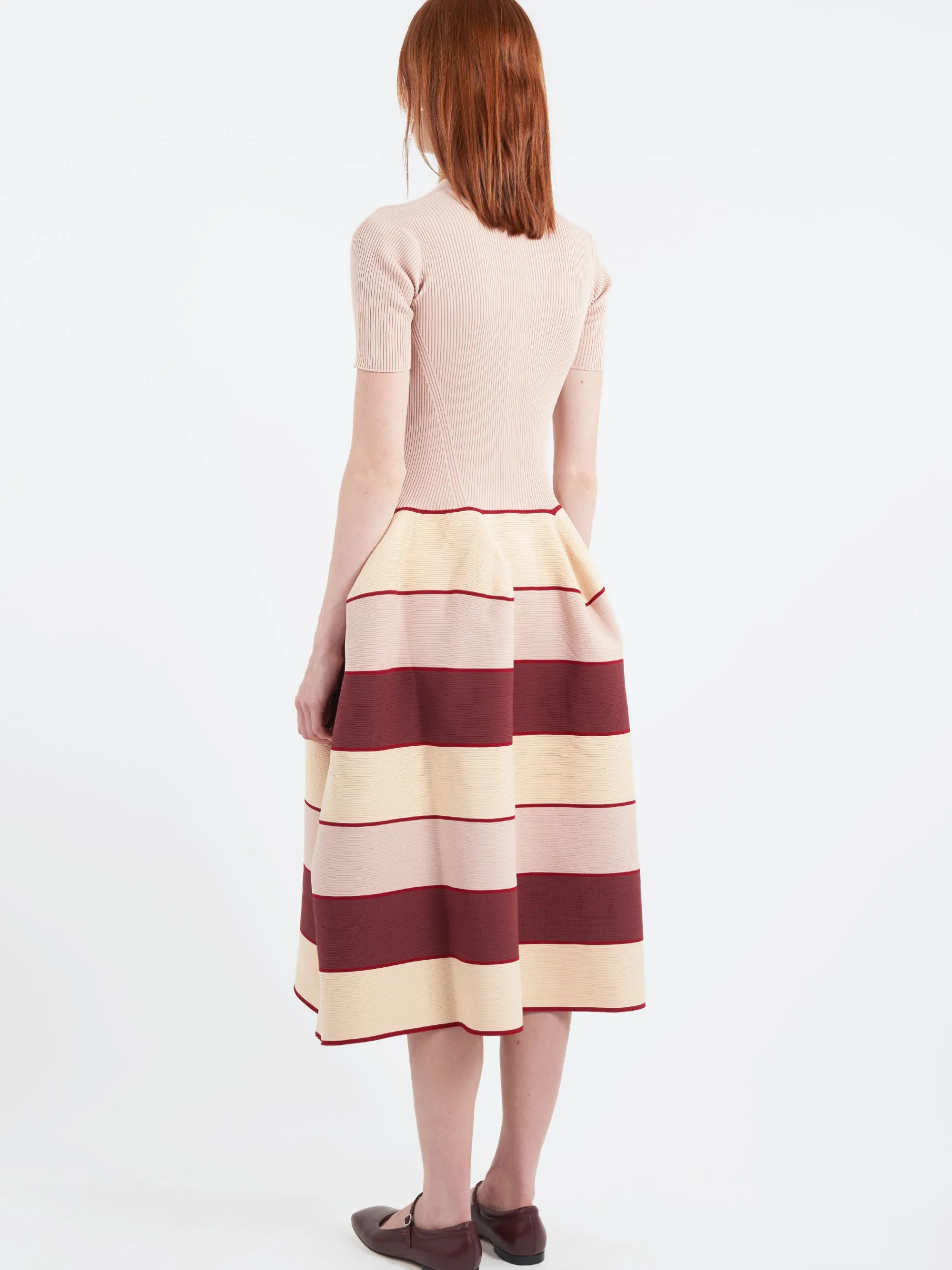 CFCL - Pottery Stand-Up Collar Short Sleeve Dress in Pink, Beige and Multi