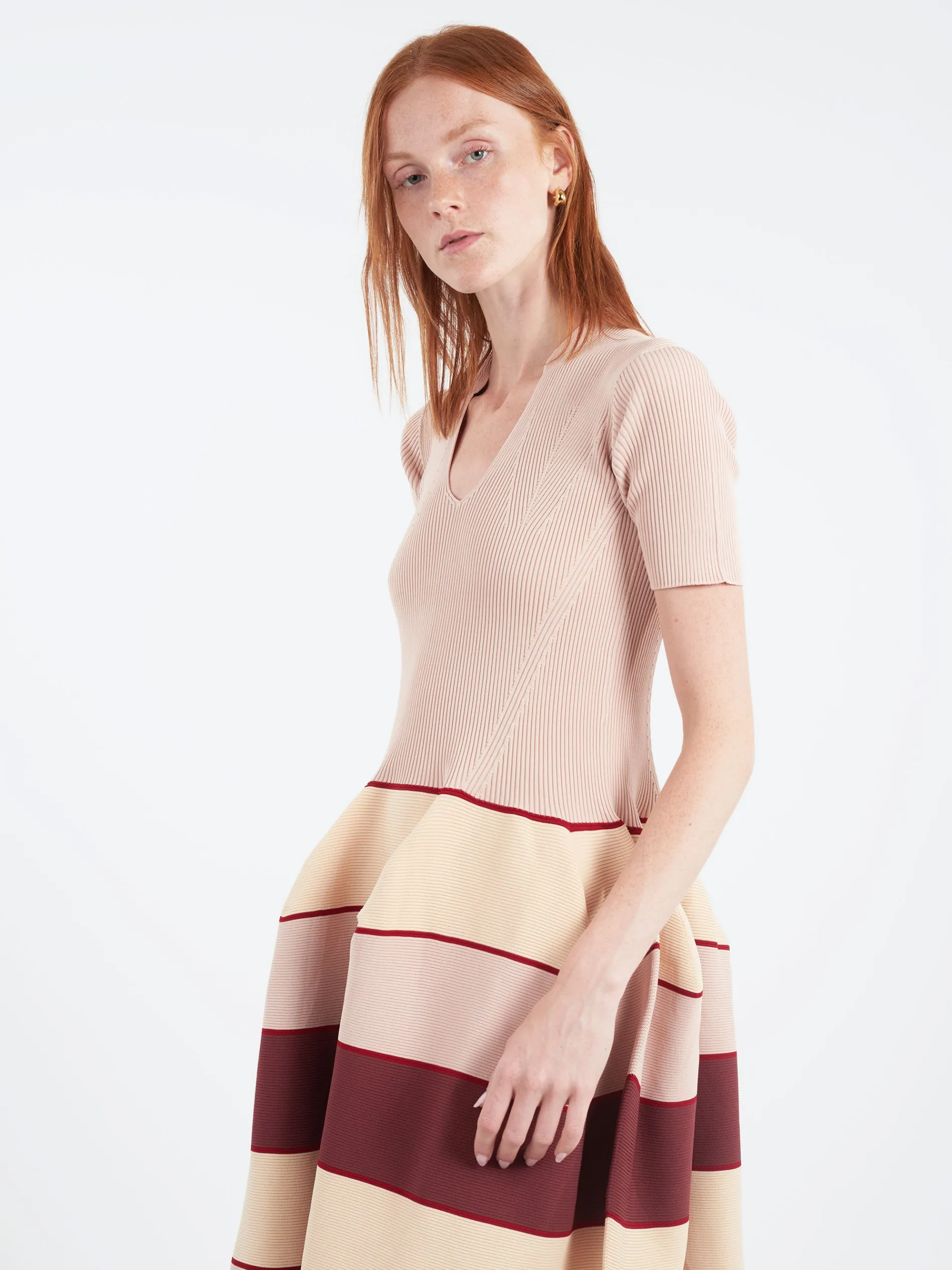 CFCL - Pottery Stand-Up Collar Short Sleeve Dress in Pink, Beige and Multi