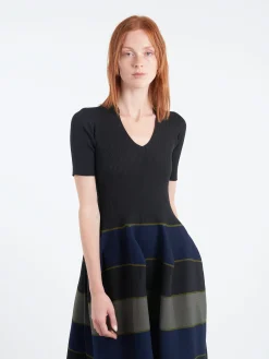 CFCL - Pottery Stand-Up Collar Short Sleeve Dress in Black and Multi