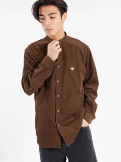 Danton - Corduroy Band Collar Shirt in Mole Brown