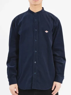 Danton - Corduroy Band Collar Shirt in Dark Navy