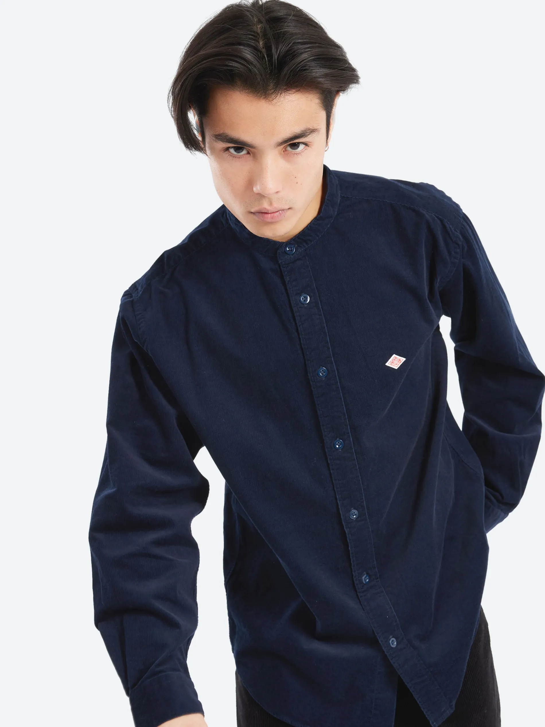 Danton - Corduroy Band Collar Shirt in Dark Navy