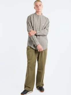 Danton - Cotton Broadcloth Band Collar Shirt in Light Beige and Grey Check