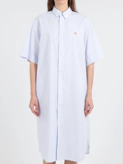 Danton - Cotton Poplin Short Sleeve Shirt Dress in Blue Stripe