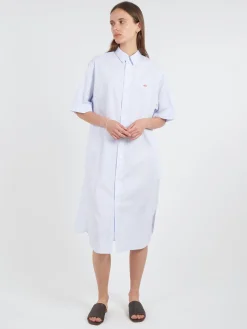 Danton - Cotton Poplin Short Sleeve Shirt Dress in Blue Stripe
