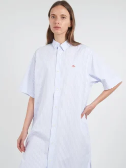Danton - Cotton Poplin Short Sleeve Shirt Dress in Blue Stripe
