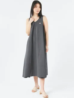 Danton - High Count Cotton V Neck Dress in Charcoal