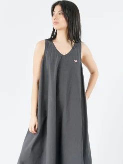 Danton - High Count Cotton V Neck Dress in Charcoal