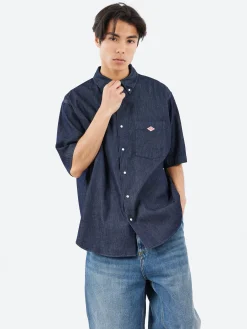 Danton - Men's Denim Dungaree B.D S/S Shirt in Indigo