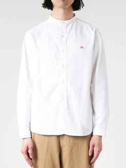 Danton - Men's Plain Oxford Band Collar L/S Shirt in White