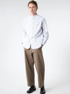 Danton - Men's Striped Oxford Band Collar L/S Shirt in Navy and White