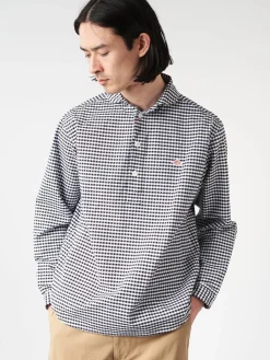 Danton - Oxford Round Collar Pullover Shirt in Black and White Gingham
