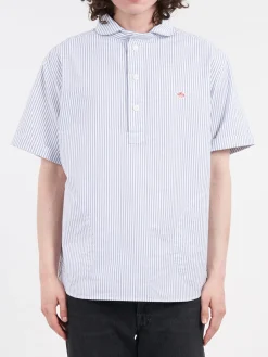 Danton - Round Collar Shirt in Navy and White Stripe