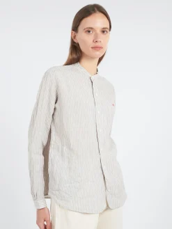 Danton - Women's Band Collar Shirt in Grey and White