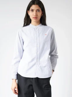 Danton - Women's Band Collar Shirt in Navy/White Stripe
