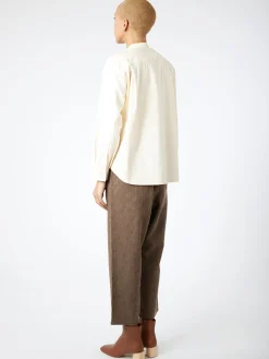 Danton - Women's Corduroy Band Collar Shirt in Off White