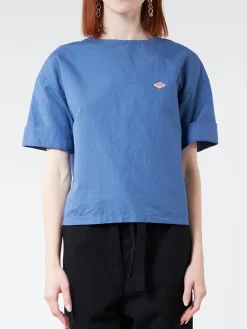 Danton - Women's Cotton Linen Collarless Pullover Shirt in Blue