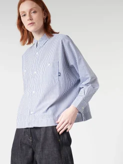 Danton - Women's L/S Work Shirt in White/Navy Stripe