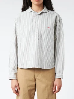 Danton - Women's Oxford Round Collar Pullover Wide Shirt in Navy Ecru Stripe